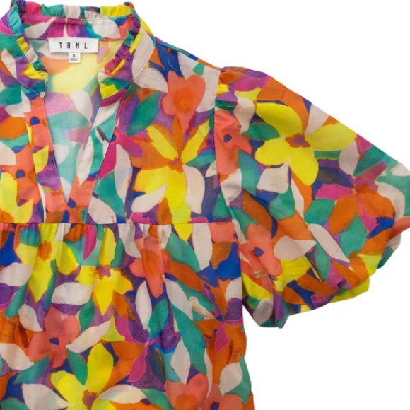 THML  NEW Colorful Floral Bubble Sleeve Top Medium NWOT - Picture 3 of 6